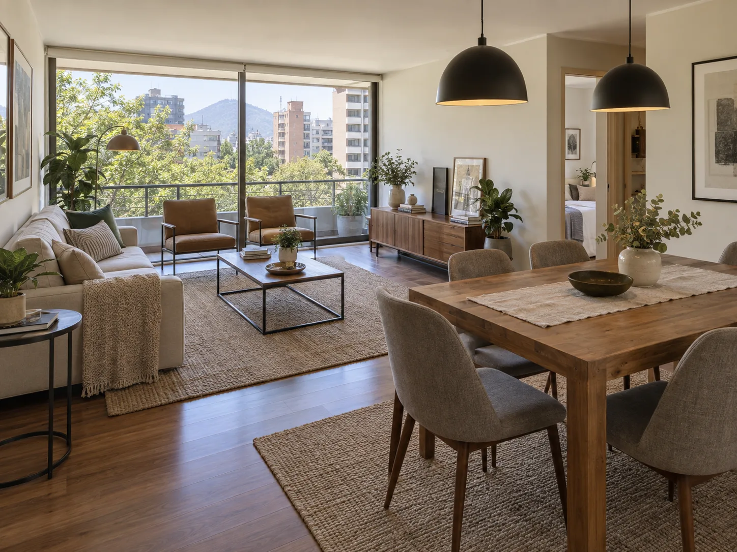 Interior residencial moderno con ventanales amplios y tonos neutros
