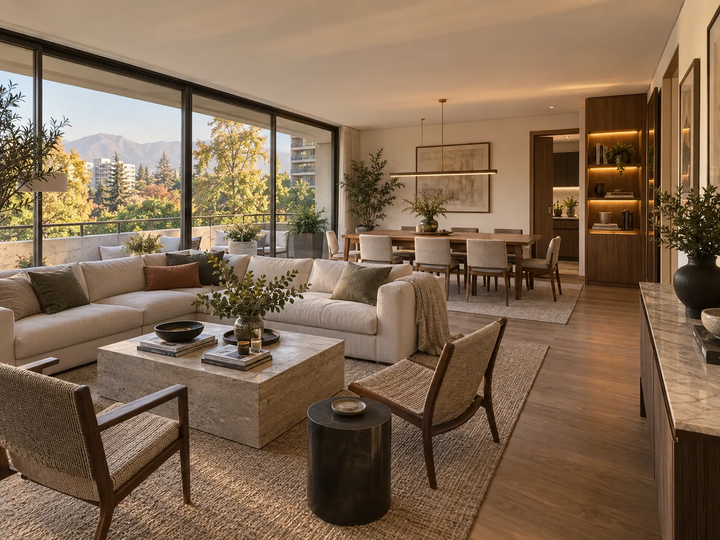 Departamento elegante con terraza y vegetación visible desde el estar